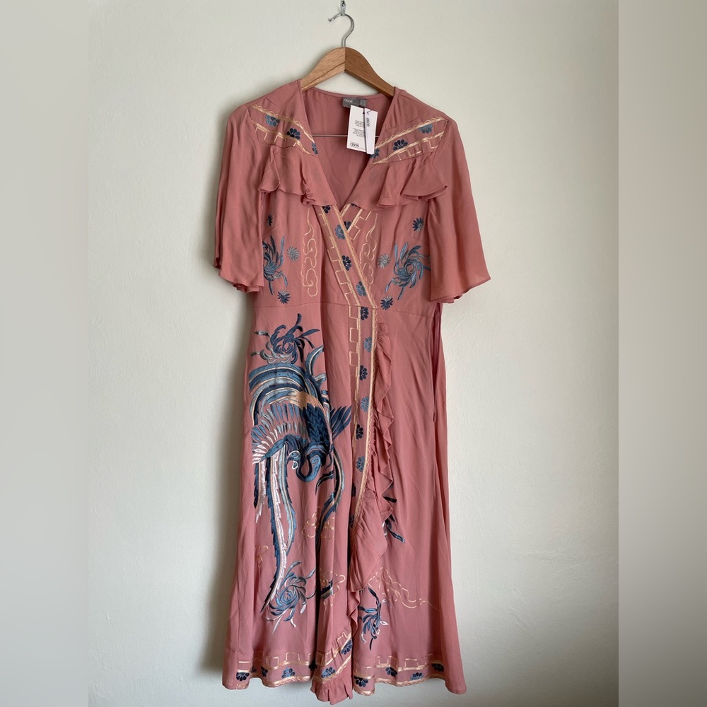 ASOS Flutter Sleeve Pink Embroidered Faux Wrap Mini Dress